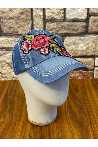 Hamze Jean Kot Denim İndigo Kumaş Taşlı Gül Desenli Beyzbol Cap Şapka Açık İndigo