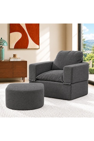 Homedius Sofa Bed Katlanır Yatak Olabilen Berjer Koltuk Puf Seti Antrasit