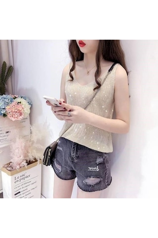 Kahve Kadın Buz Ipek Elmas Kaşkorse Kadın Gevşek Kısa Kolsuz Vahşi V Yaka Dibe Gömlek Tankı Yaz Camiş Ve Tank Üstleri