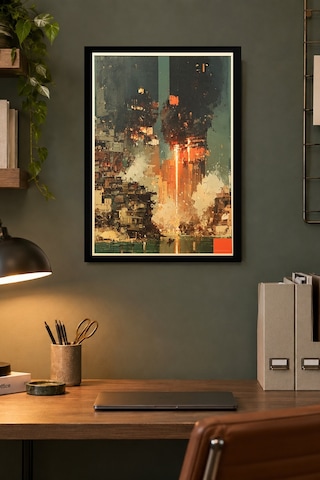 Soyut Turuncu Şehir Desenli Dekoratif Mdf Tablo, Çerçeve Görünümlü Ahşap Poster