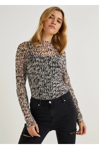 Lupinn Moda Kadın Desenli Transparan Tül Body Uzun Kollu Esnek İnce Fit Leopar & Zebra Desen - Yazlık Şık Üst Kahverengi