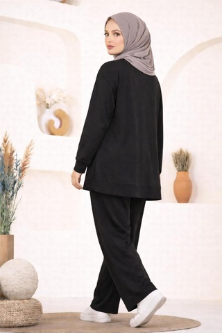 Hira Life Fashion Kadın Omzu Taşlı Ve Manşet Kol Tunik-pantolon İkili Takım Siyah Siyah