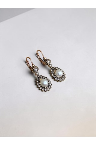 Kristal Taşlı Papatya Figür İnci Sallantılı Küpe Beyaz 78159879