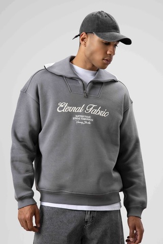 Vamos Oversize Fermuarlı Yaka Sweatshirt Füme