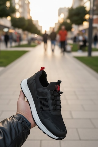 Enoch Erkek Siyah Akıllı Bağcıklı Yürüyüş Ayakkabısı - Bağcık Bağlamasız Pratik Sneaker Siyah - Beyaz