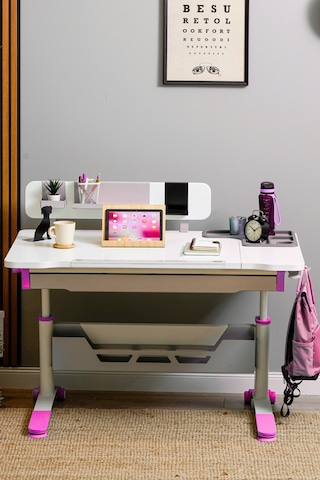 Sirius Standart Yükseklik Ve Eğim Ayarlı Çekmeceli Bilgisayar, Ofis Ve Çalışma Masası Ekru Fuşya Gri