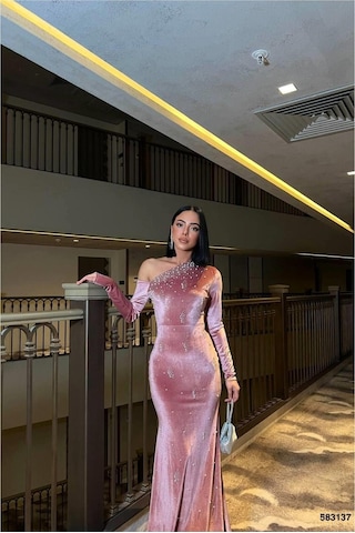 Lior Design Kadın Günlük Esnek Kadife Kumaş Tek Omuz Abiye Elbise Gülkurusu