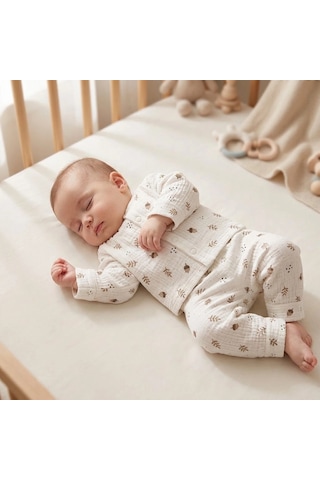Biçomi Gece Terletmeyen Çıtçıtlı %100 Pamuk Bebek Pijama Takımı Kolay Giyilen Palamut Desenli Peny Ekru