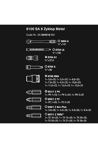 Wera 8100 Sa 8 Mafsallı Metal Cırcırlı Zyklop Karma Set 1/4" 050