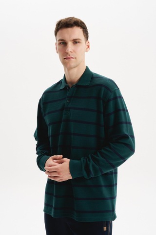 AR-MA Arma Erkek Büyük Beden Çizgili %100 Pamuk Ringel Ottoman Kumaş Polo Yaka Ribanalı Sweatshirt K30554801602 Yeşil