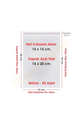 15x15+5 Cm. 15x20 50 Adet Şeffaf Bantlı Yapışkanlı Opp Poşet