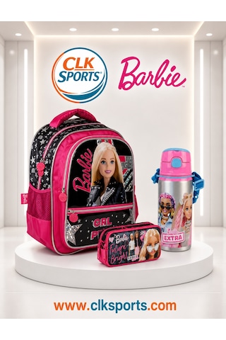 Barbie Okul Çantası , Kalem Kutusu , Lisanslı Çelik Matara Pembe