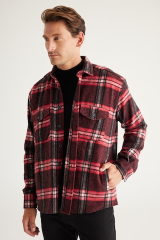 AC&Co / Altınyıldız Classics Erkek Kırmızı Sıyah Oversize Fit Geniş Kesim Düğmeli Yaka Kareli Oduncu Gömlek Ceket Kırmızı Sıyah Kırmızı - Siyah
