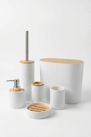 Makri Home 6 Parça Bambu Kapaklı Banyo Seti, Beyaz, Oval, Hacim: 8 Litre