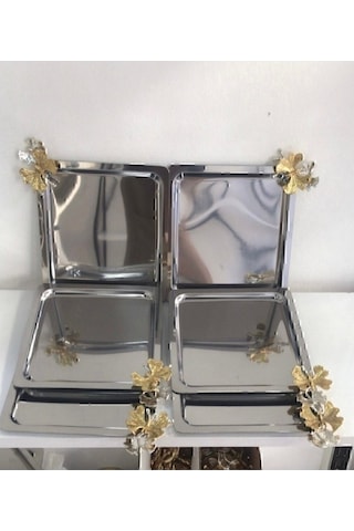 Jasper Paslanmaz Çelik Kare Model Kahve Tepsisi Kelebek Aksesuarlı Lüx Sunum Gri