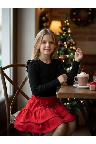 Zekids Kız Çocuk Pullu Body Kırmızı Katkat Etekli Takım-16439 Çok Renkli