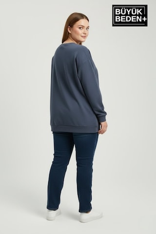 Süperlife Kadın Büyük Beden New York Baskılı Bisilet Yaka İnce Sweatshirt Spr26bswk956-5 İndigo