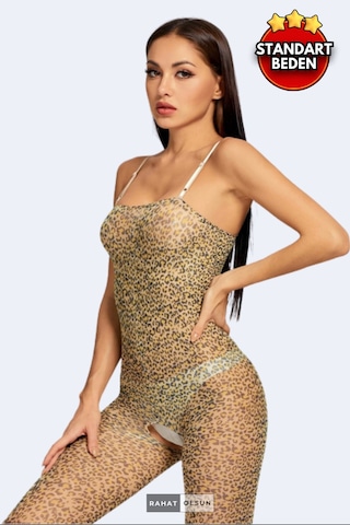 Korse Etkili Leopar Desen İp Askılı Açık Vücut Çorabı