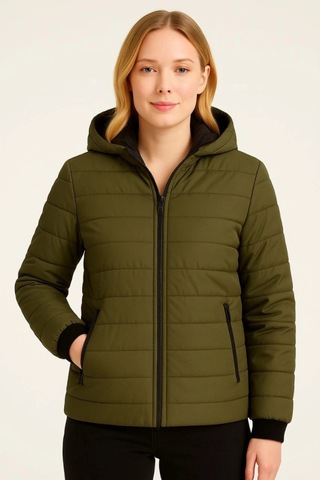 Şişme Kapüşonlu Fermuarlı Mont Su Itici Kapitone Astarlı Kumaş Cepli Kışlık Rahat Kalıp - Haki Haki