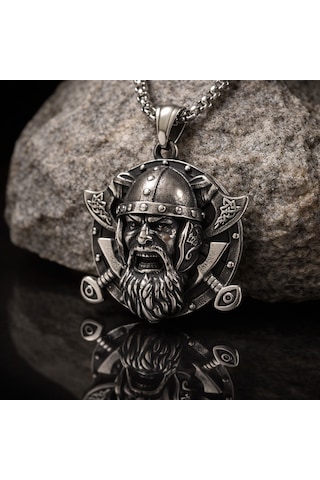 Paslanmaz Çelik Iskandinav Mitolojisi Norse Balta Figürlü Tanrı Odin Kolye / Viking Savaşçı Kolye Gümüş - Gri