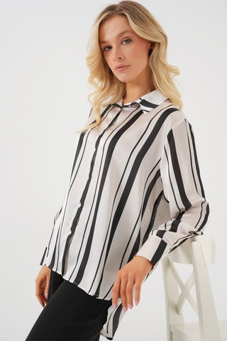 Gülsüm Aydın Çizgili Uzun Saten Gömlek 20291 - Siyah Siyah