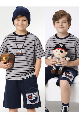 Denokids Erkek Çocuk Takım Çizgili T-shirt Korsan Şort Yazlık Takım Çok Renkli