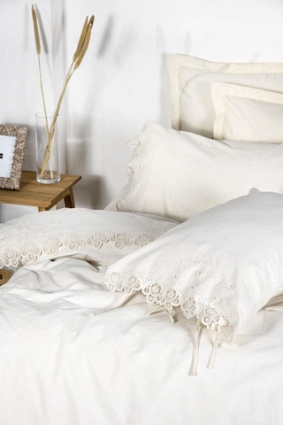Ecocotton Amanda Çift Kişilik Nevresim Takımı %100 Organik Pamuk Keten Dantelli Krem 200x220 Cm-1473 Krem