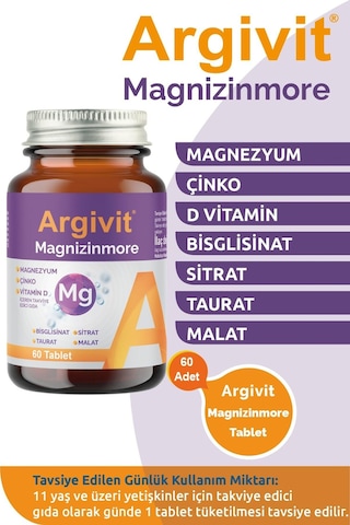 Argivit Magnizinmore Magnezyum Çinko Ve Vitamin D İçeren Takviye Edici Gıda 60 Tablet