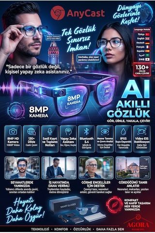 Anycast Aı Yapay Zeka Destekli Kameralı Akıllı Gözlük, 130+ Dil Gerçek Zamanlı Çeviri, 8mp Kamera, 1080p Video, Yapay Zeka Asistanı Bluetooth 5.4 Ipx5