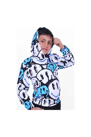 Panios Kids Mavi Emoji Desenli Kapüşonlu Unisex 2 Iplik Sweatshirt Mavi