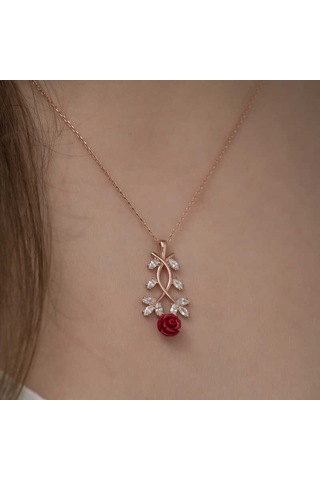 925 Ayar Gümüş Rose Kırmızı Gül Gümüş Kolye Gümüş