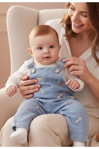 Altıntaş Baby Renkli Çiçek Nakışlı Kot Görünümlü Örme Kumaş Mevsimlik 2li Salopet Set Mavi Beyaz Mavi Beyaz
