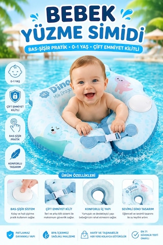 Bebek Boyun Yüzme Simidi Bas Şişir Pratik 0-1 Yaş Çift Emniyet Kilitli Mavi Dino Simit Nr014