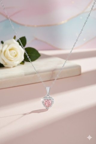 Pembe Kalp Taşlı Kadın Kolye - Zirkon Çerçeveli Şık Bijuteri Kolye Pembe