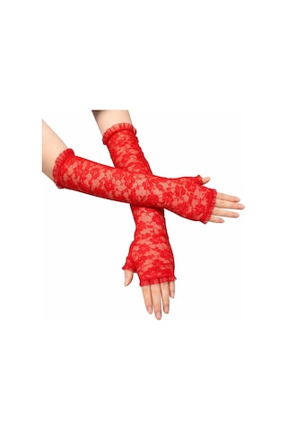 Veraura Lifestyle Uzun Zarif Dantel Eldiven Parmaksız Kırmızı 35 Cm Standart