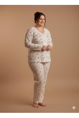 İnspira Büyük Beden Battal Pijama Takımı Desenli Uzun Kol Kışlık Kumaş Pamuklu Ekru