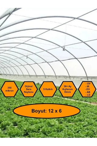 Sera Naylonu, 36 Aylık, 5 Katkılı, 350 Micron 12x6 Şeffaf Sera Örtüsü, Uv Dayanımlı, Ir, Ev, Ab, Ld