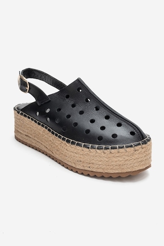 Luvishoes Fraga Siyah Cilt Hakiki Deri Kadın Hasır Dolgu Taban Sandalet Siyah