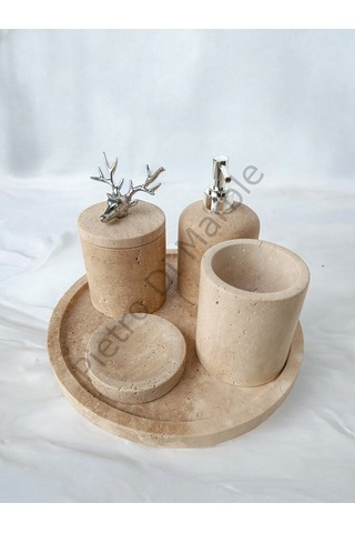 Sarı Traverten Klasik Model 5 Parça Gümüş Renk Geyik Aksesuarlı Banyo Seti Sarı Traverten