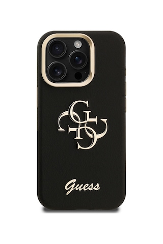 Apple iPhone 15 Pro Max Uyumlu Kılıf Guess Lisanslı Grained Yazı Logolu Kamera Standlı Kapak Siyah