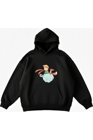Maki Home Makiteks Siyah Pamuklu Unisex Cepli Kapüşonlu Rahat Kesim Küçük Prens Baskılı Sweatshirt SiYAH