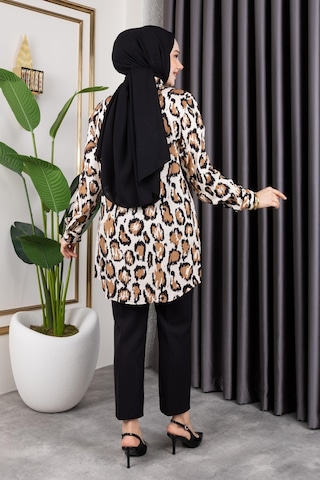 Hira Life Fashion Kadın Tesettür Giyim Ve Spor Giyime Uygun Düğme Detaylı Şık Desenler Dokuma Viskon Gömlek-tunik Kahverengi 5 Kahverengi 5