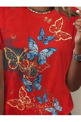 Hazego Kadın Kısa Kollu Mavi Sarı Kelebek Baskı Süprem T-shirt Kırmızı