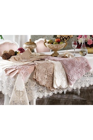 Fransız Güpürlü Yakut Masa Örtüsü Takımı 26 Parça Ekru Altın