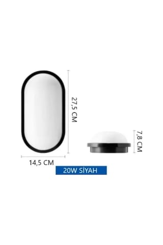 Su Ve Nem Geçirmez 20W Siyah Kasa Beyaz Işık 6500K Oval Banyo Led