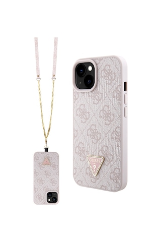 Apple Uyumlu iPhone 15 Kılıf Guess Lisanslı Pu Deri Taşlı Metal Üçgen Logolu Çapraz Vücut Askılı 4g Desenli Pembe