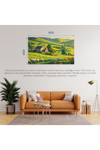 Doğa Ve Manzara Yatay Küçük Çiftlik Evi Yeşil Tepeler, Çiçek Açmış Tarlalar Doğa Ve Huzur 04 Çerçevesiz 90x60cm Pvc Tablo
