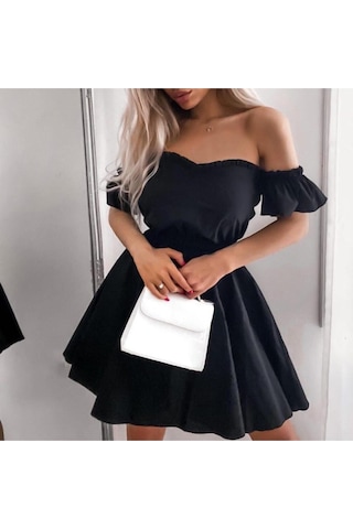 Fashion Cocktail Doğal Keten Kumaşlı Puf Kol Kabarık Straples Elbise Siyah