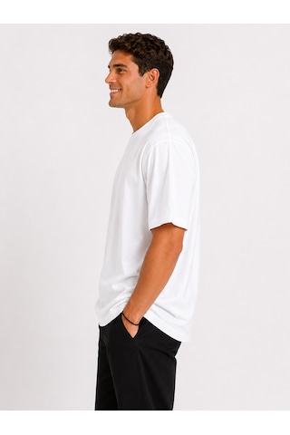 Vasto Moda Erkek Oversize Kalın Dokulu %100 Organik Pamuk Bisiklet Ribana Yakalı Beyaz T-shirt