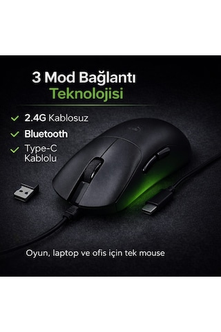 Gaming Kablosuz Mouse Siyah 63g Ultra Hafif 2.4g, Bluetooth, Type-c, 12800 Dpı Şarjlı Ergonomik Makrolu Tasarım Diğer